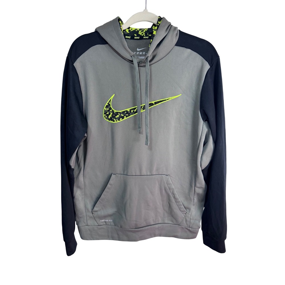 Nike Medium Grey Neon Pullover Mens Therma-FIT Hoodie Swoosh Athletic Streetwear